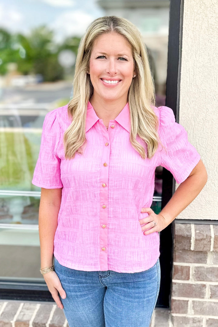 PINK TEXTURED GOLD BUTTON COLLARED TOP