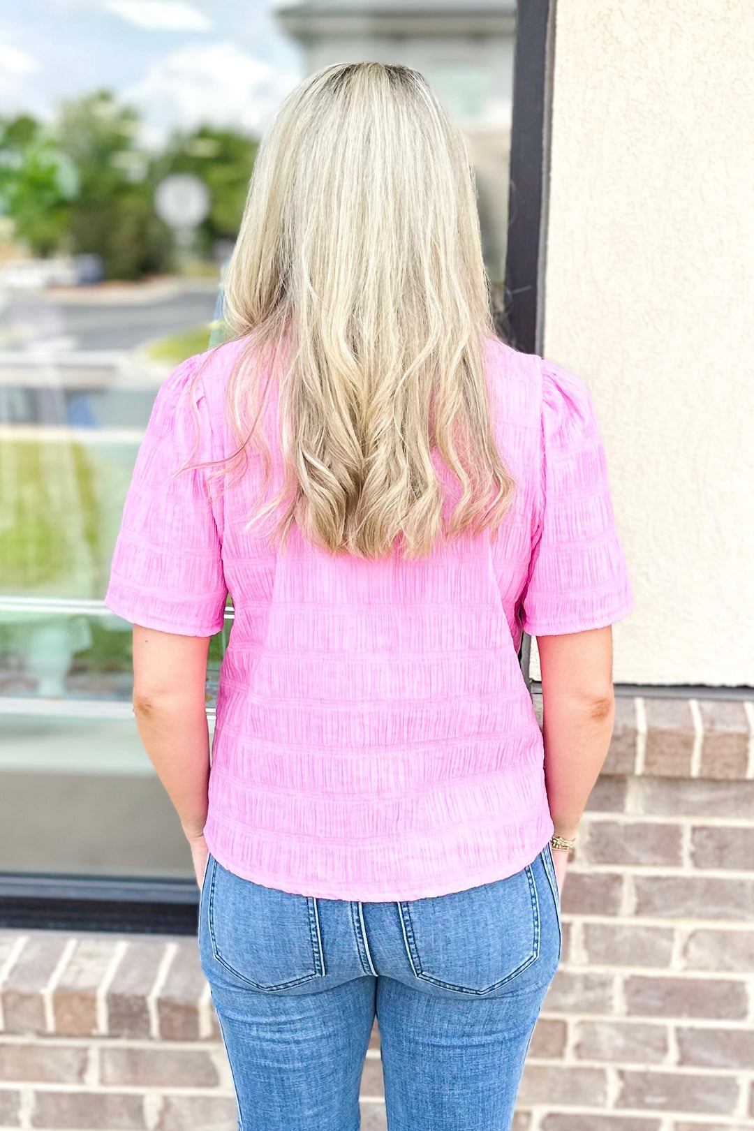 PINK TEXTURED GOLD BUTTON COLLARED TOP