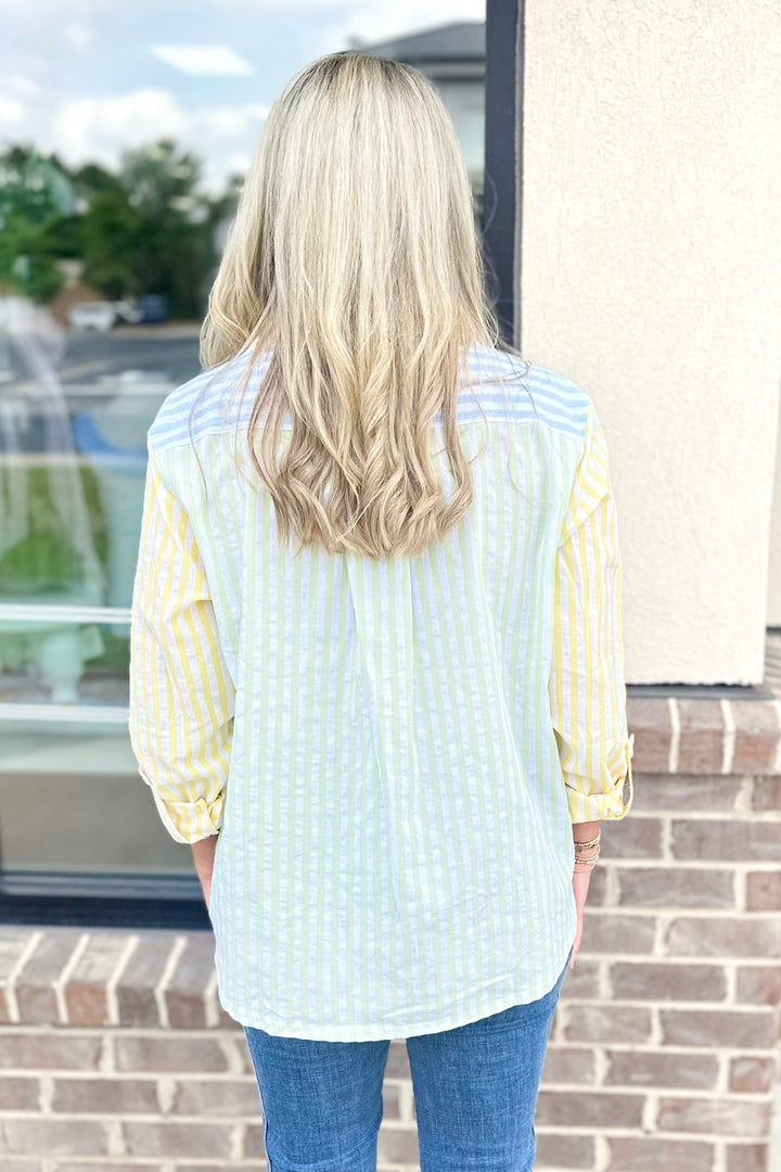 BLUE, GREEN, YELLOW STRIPE BUTTON DOWN SHIRT