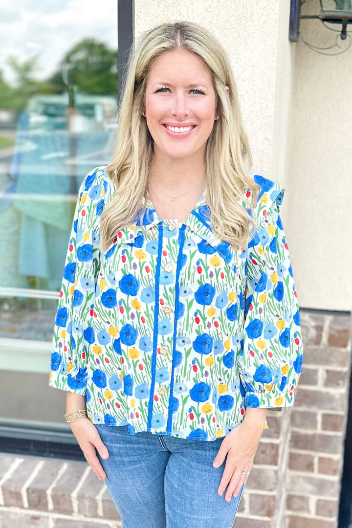 BLUE & YELLOW FLORAL PETER PAN COLLAR TOP
