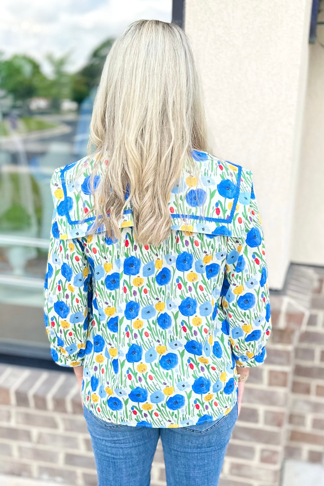 BLUE & YELLOW FLORAL PETER PAN COLLAR TOP