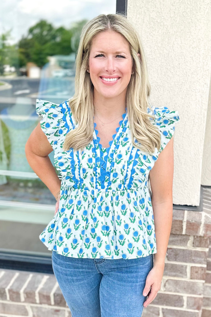 WHITE & BLUE FLORAL BLOCK PRINT PEPLUM TOP