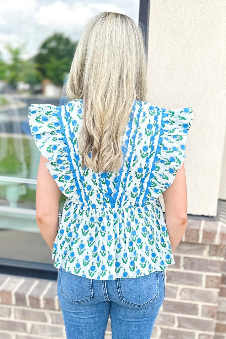 WHITE & BLUE FLORAL BLOCK PRINT PEPLUM TOP
