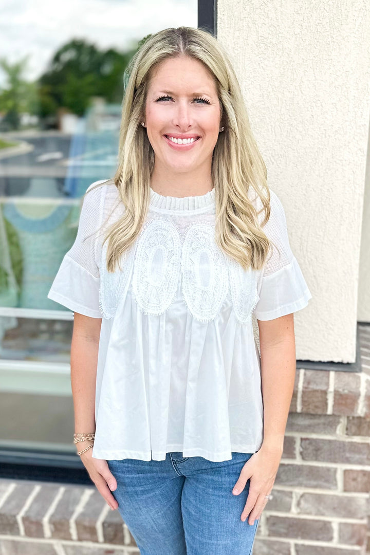 WHITE MESH APPLIQUE TOP
