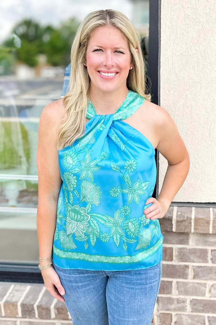 GREEN & BLUE FLORAL HALTER NECK TANK