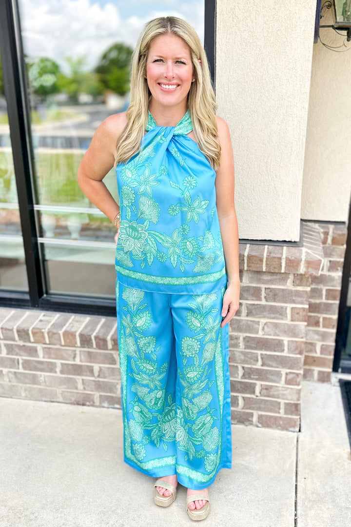 GREEN & BLUE FLORAL WIDE LEG PANTS