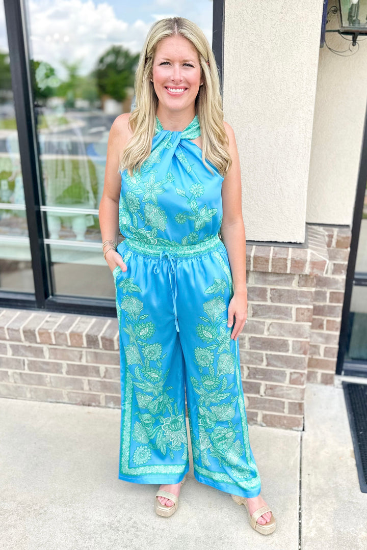 GREEN & BLUE FLORAL WIDE LEG PANTS