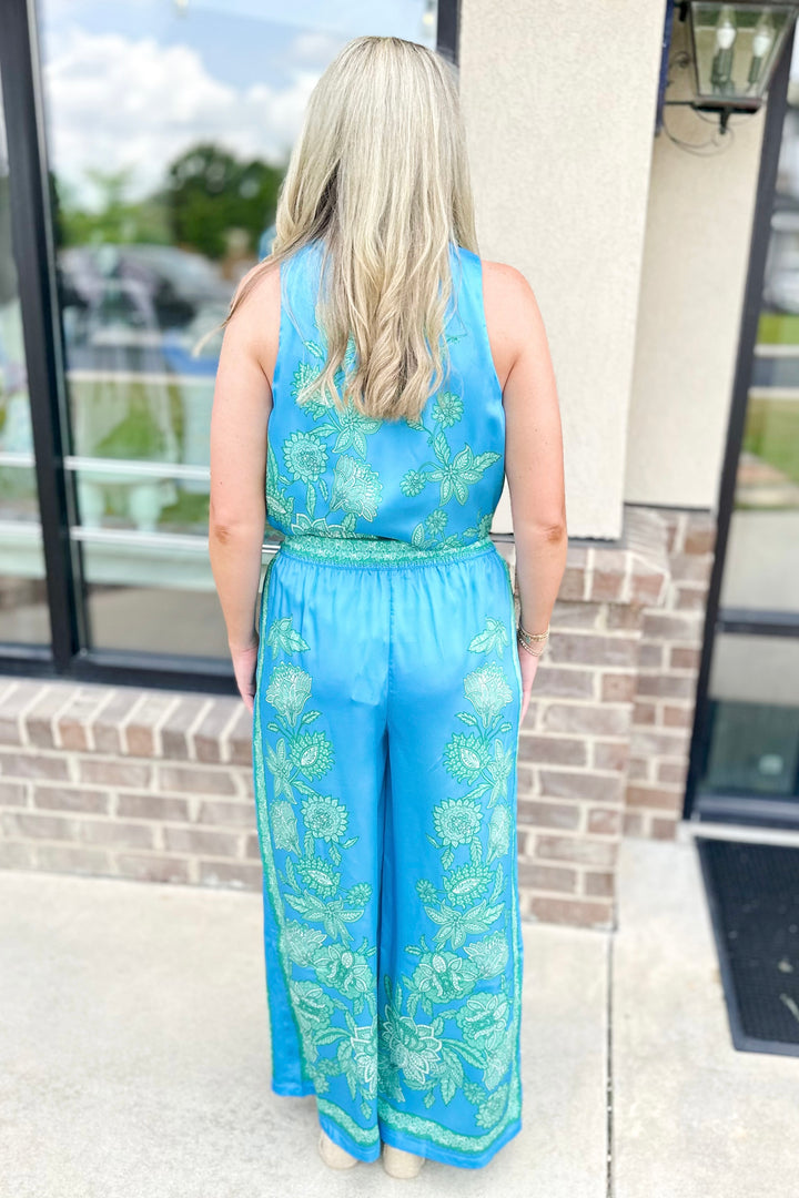 GREEN & BLUE FLORAL WIDE LEG PANTS