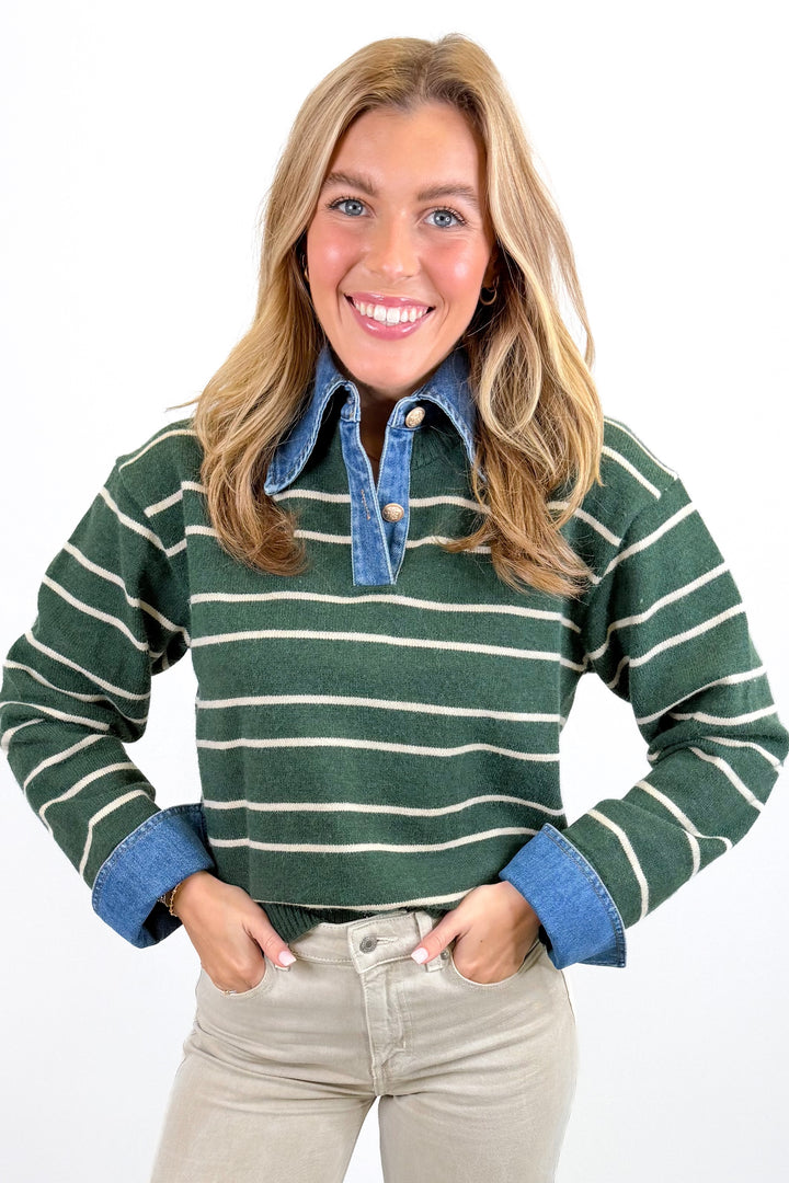 KARLIE: GREEN STRIPE VARSITY DENIM COLLAR SWEATER