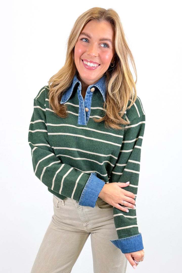 KARLIE: GREEN STRIPE VARSITY DENIM COLLAR SWEATER