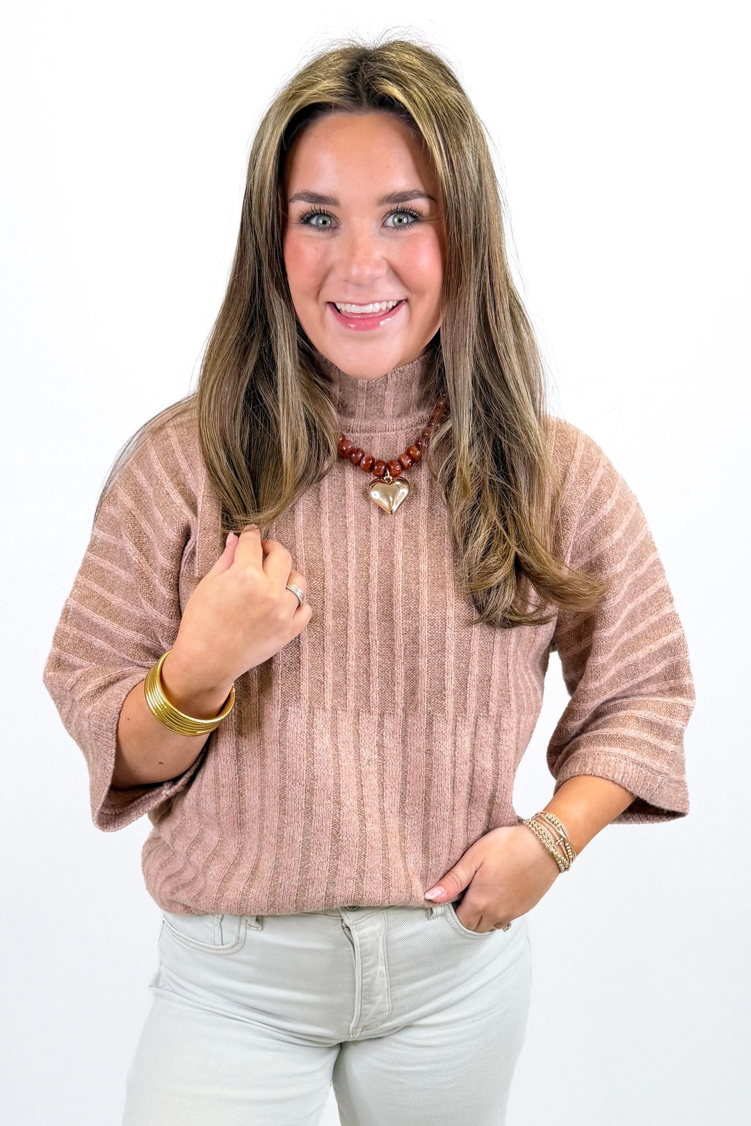 BLUSH &amp; TAN STRIPED MOCK NECK SWEATER