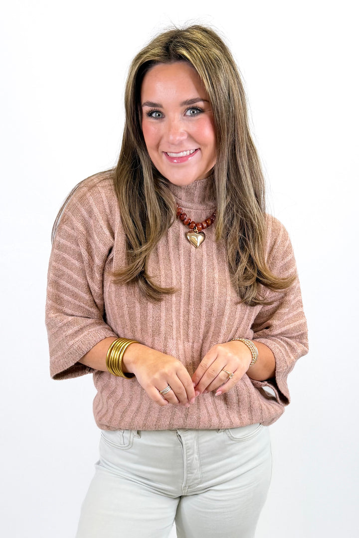 BLUSH &amp; TAN STRIPED MOCK NECK SWEATER