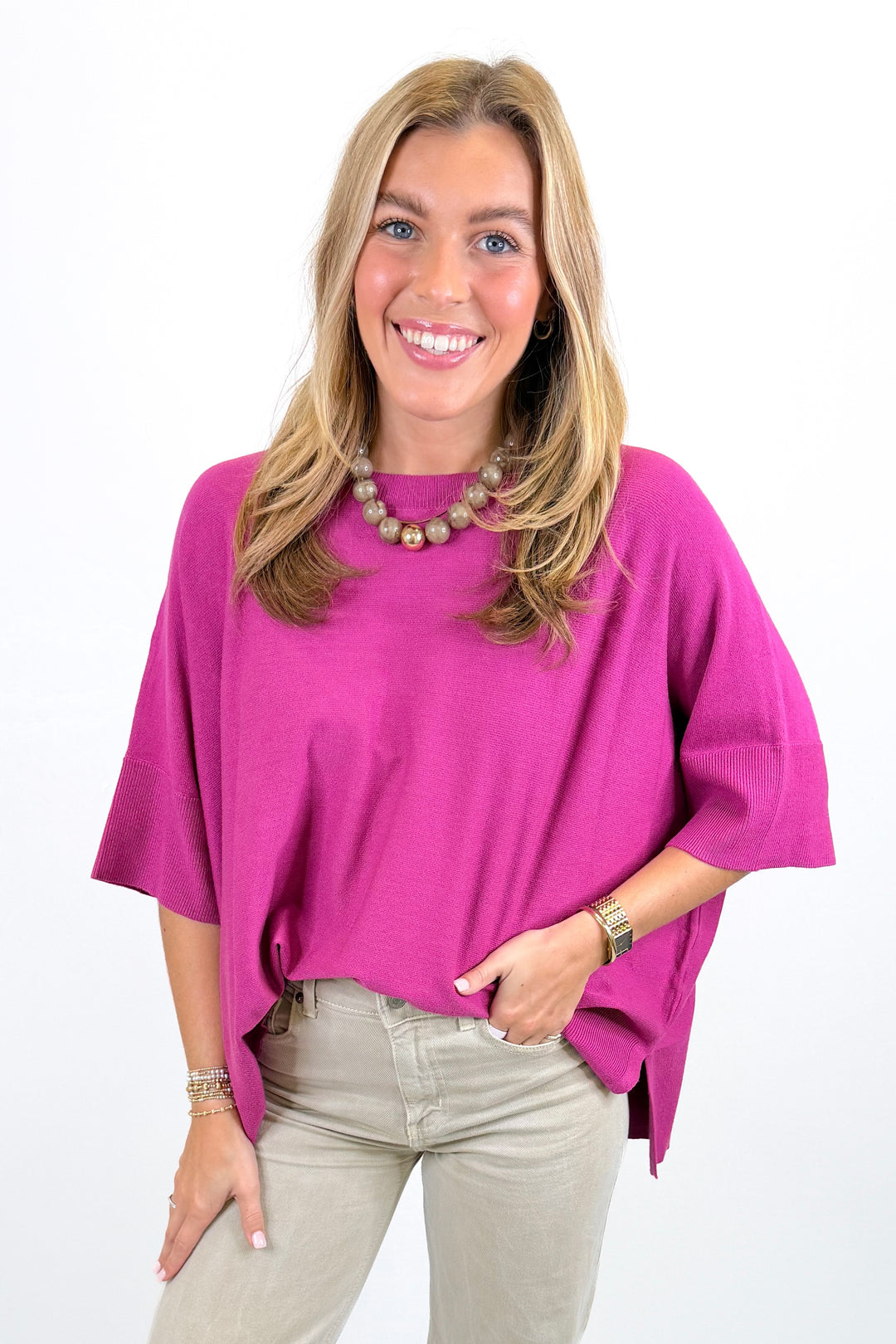 MAGENTA HALF SLEEVE OVERSIZED SWEATER
