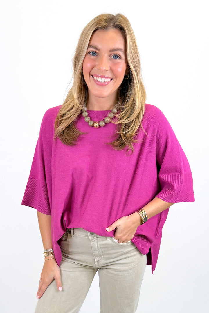 MAGENTA HALF SLEEVE OVERSIZED SWEATER