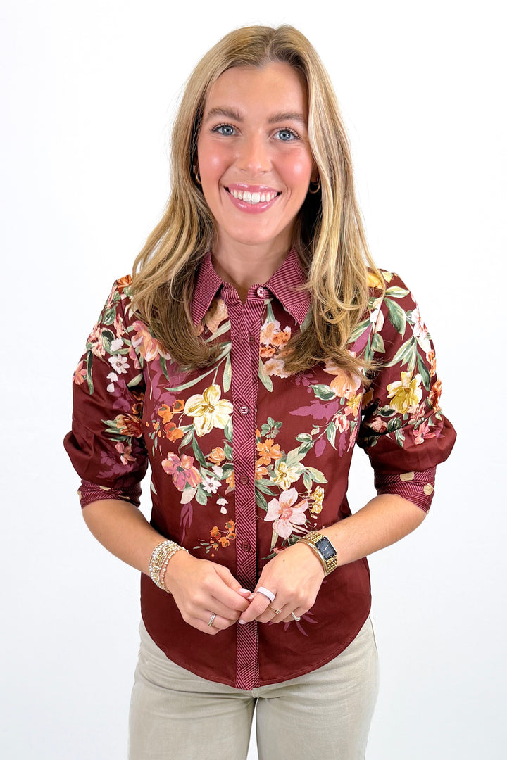 BURGUNDY FLORAL &amp; GEO PRINT BUTTON COLLAR TOP