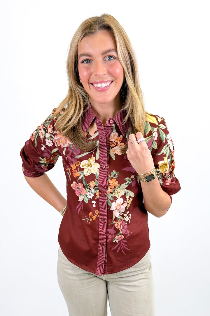 BURGUNDY FLORAL &amp; GEO PRINT BUTTON COLLAR TOP