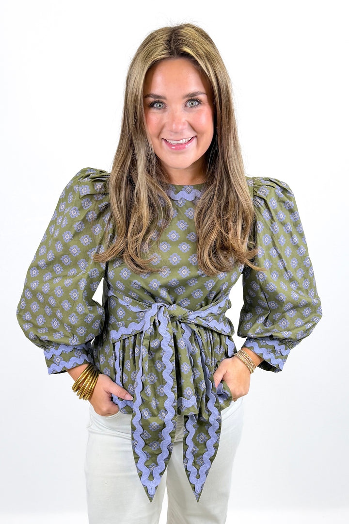 OLIVE &amp; BLUE RIC RAC TRIM BELTED TOP