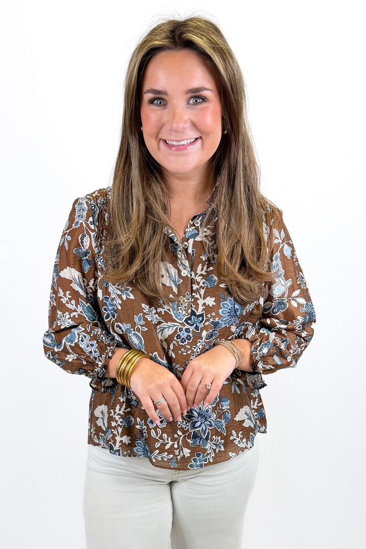 BLUE &amp; BROWN FLORAL LONG SLEEVE TOP