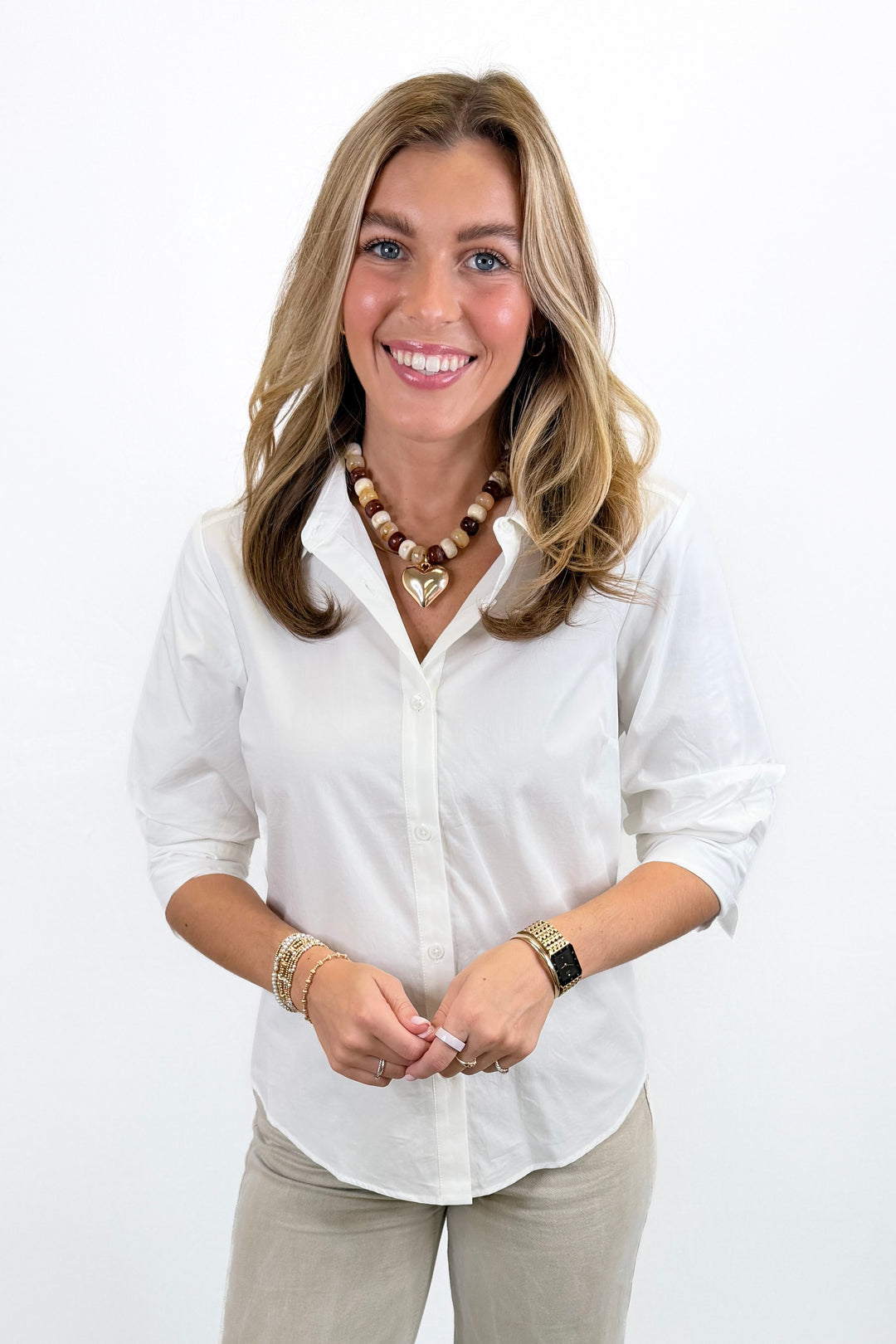 WHITE BUTTON DOWN 3/4 SLEEVE TOP