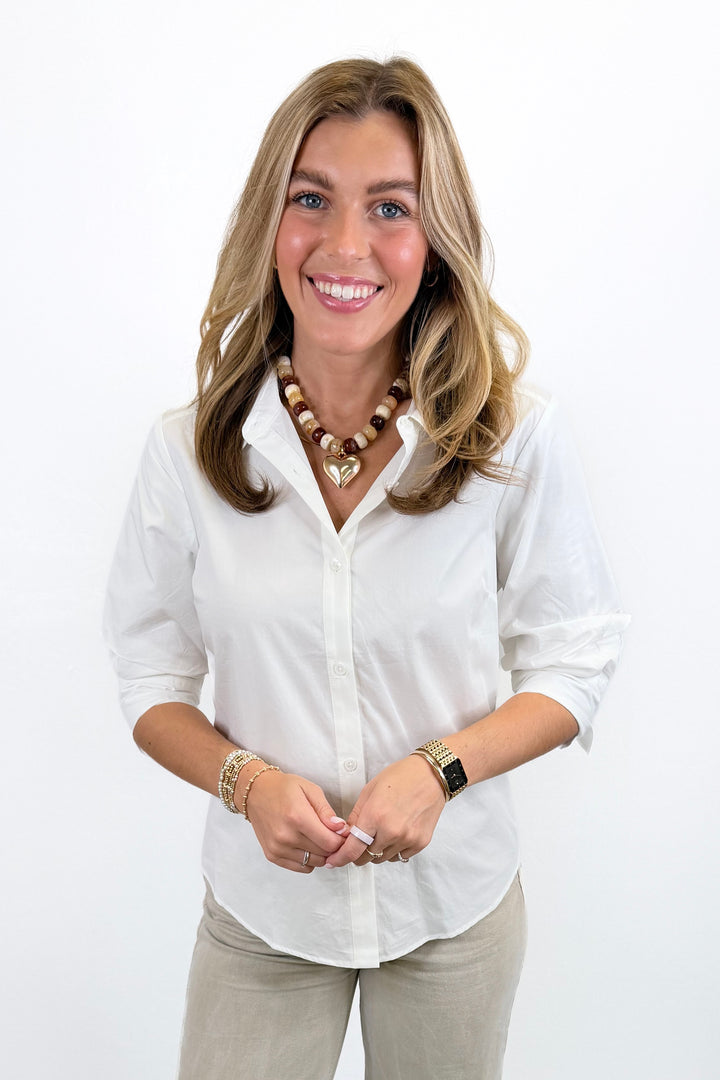 WHITE BUTTON DOWN 3/4 SLEEVE TOP