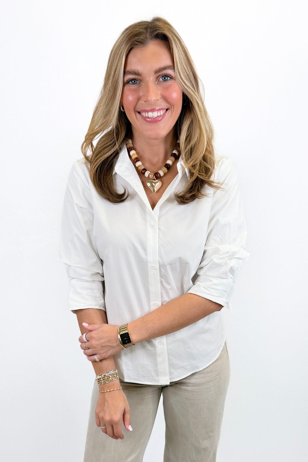 WHITE BUTTON DOWN 3/4 SLEEVE TOP