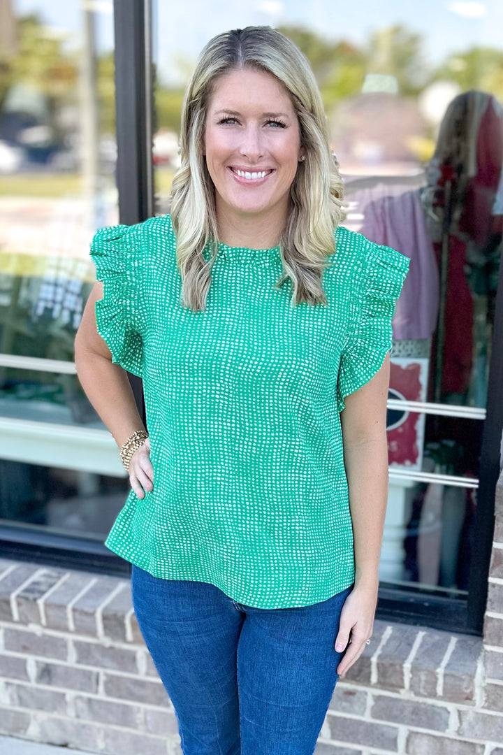 GREEN DOT SMOCKED RUFFLE SHOULDER TOP