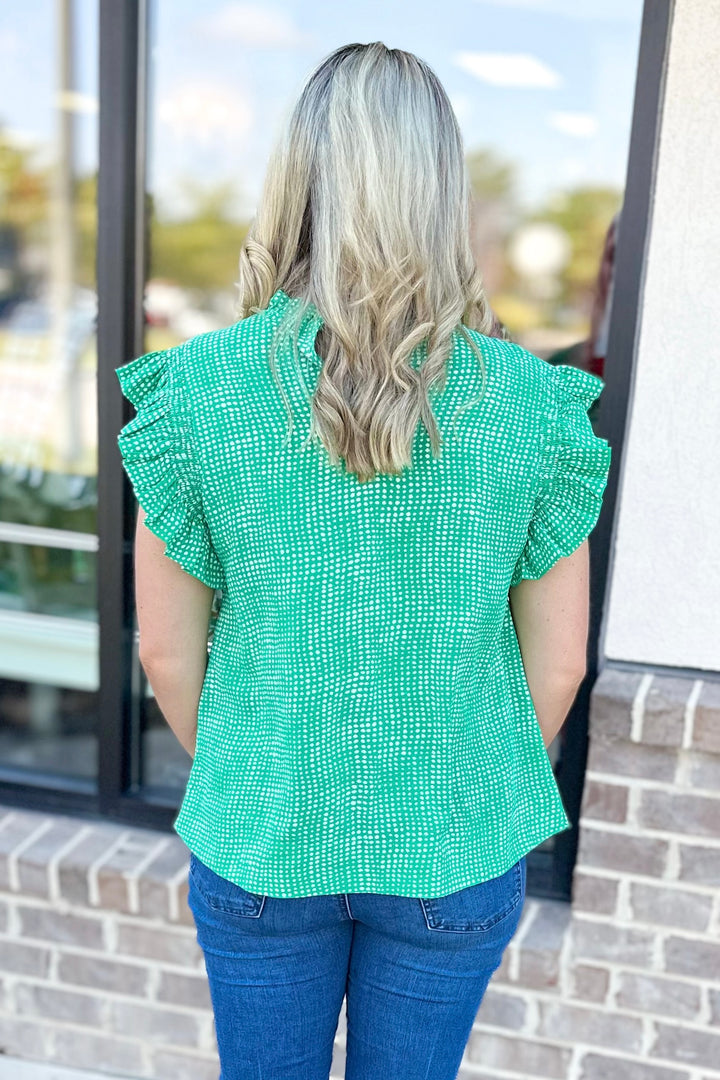 GREEN DOT SMOCKED RUFFLE SHOULDER TOP