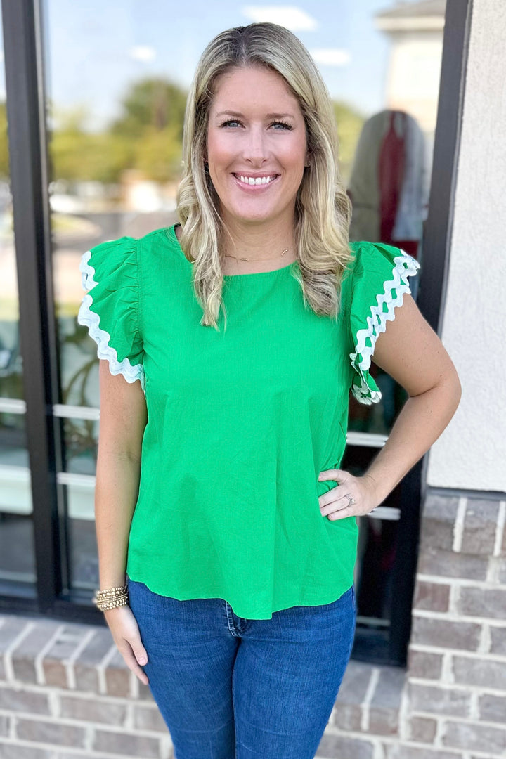 GREEN CONTRAST TRIM RUFFLE SLEEVE TOP