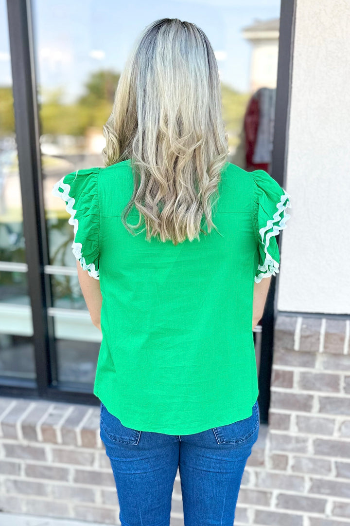 GREEN CONTRAST TRIM RUFFLE SLEEVE TOP