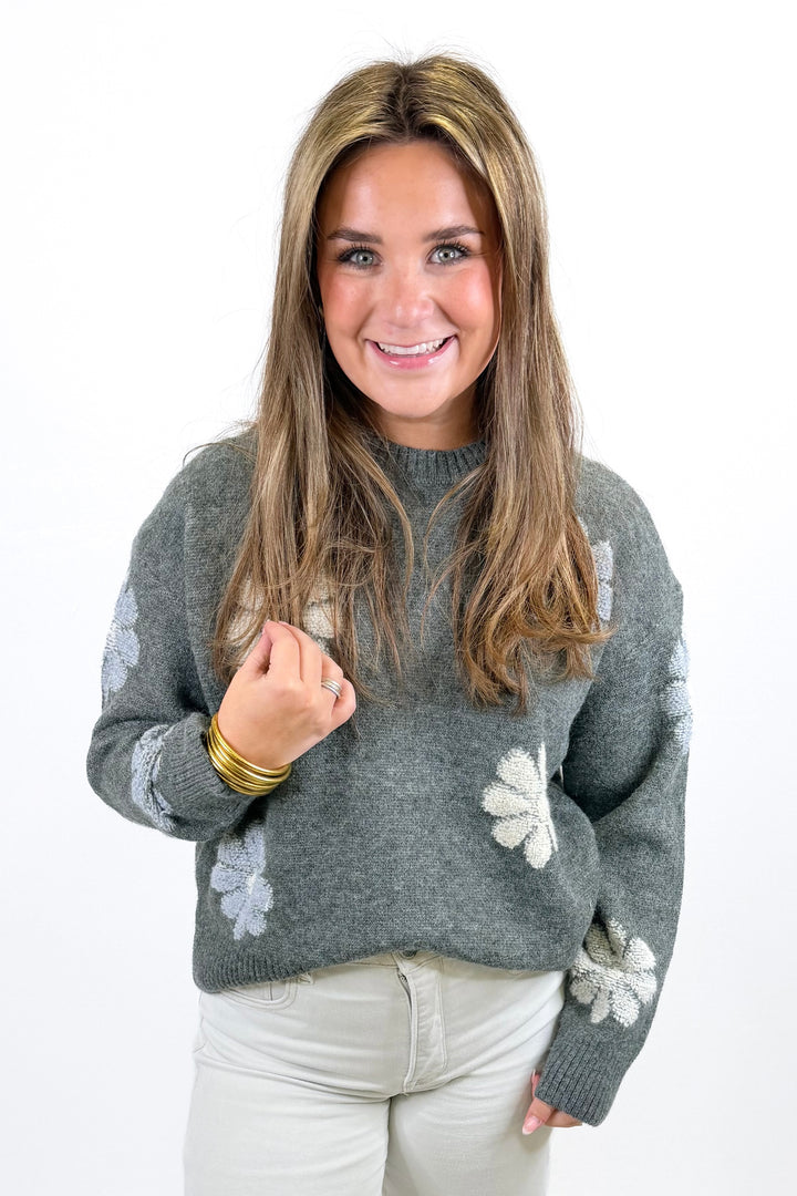 HEATHER GREY FLORAL KNIT SWEATER