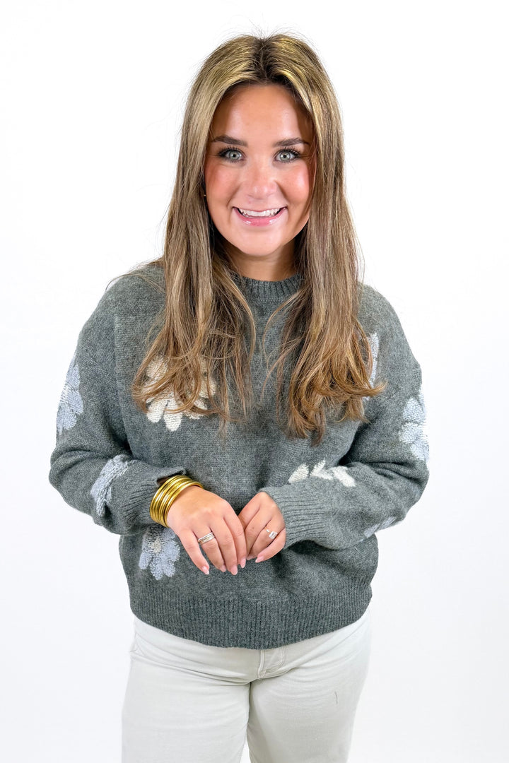 HEATHER GREY FLORAL KNIT SWEATER