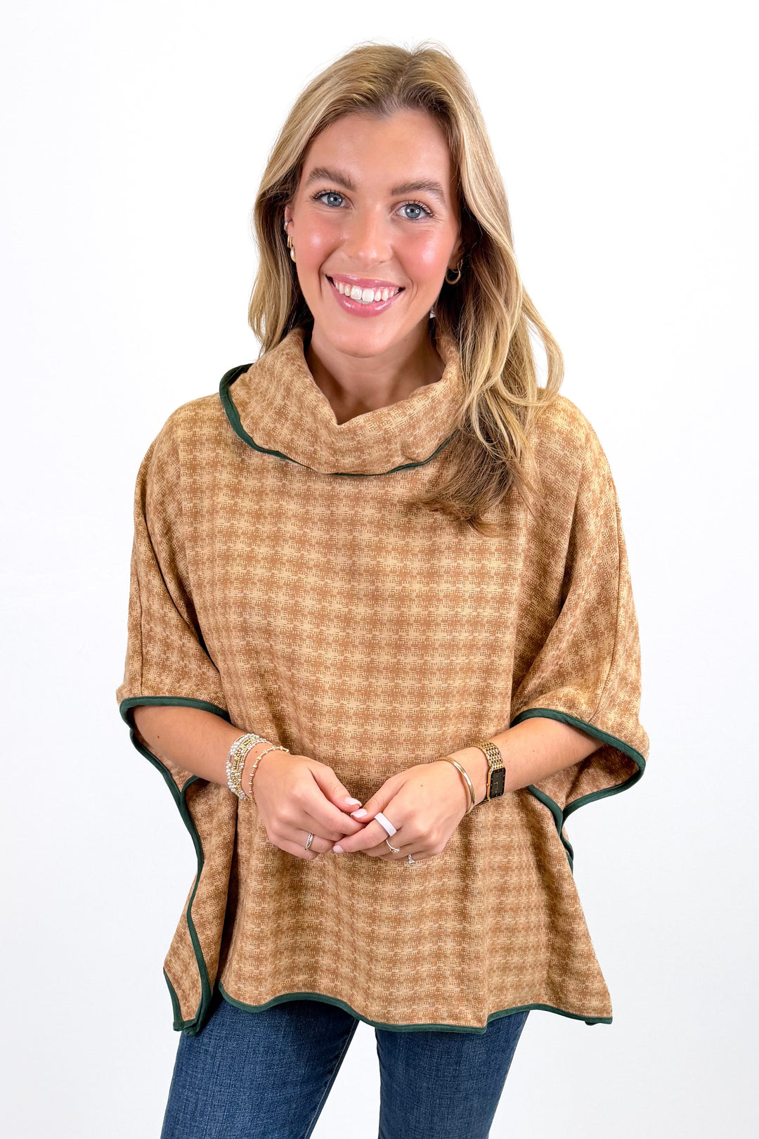BROWN PATTERN GREEN TRIM PONCHO TOP