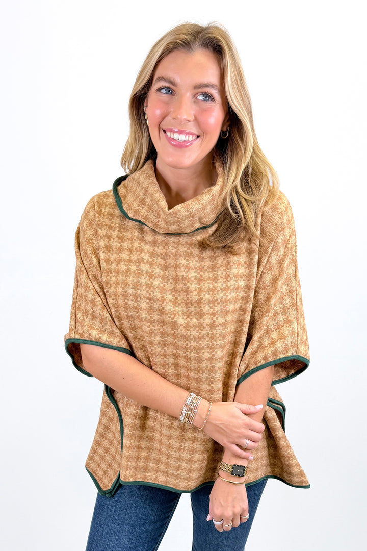 BROWN PATTERN GREEN TRIM PONCHO TOP