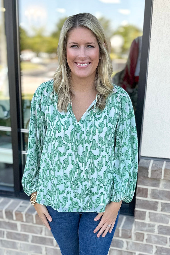 GREEN FLORAL TIE FRONT LONG SLEEVE TOP