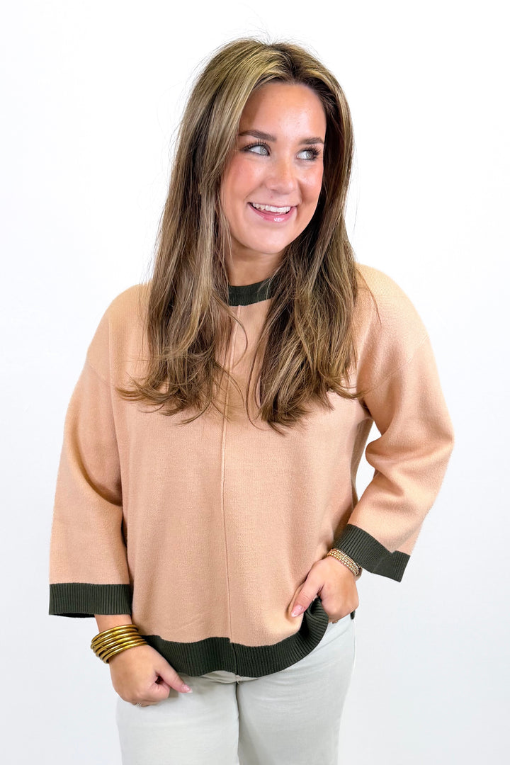 TAUPE &amp; OLIVE TRIM 3/4 SLEEVE SWEATER