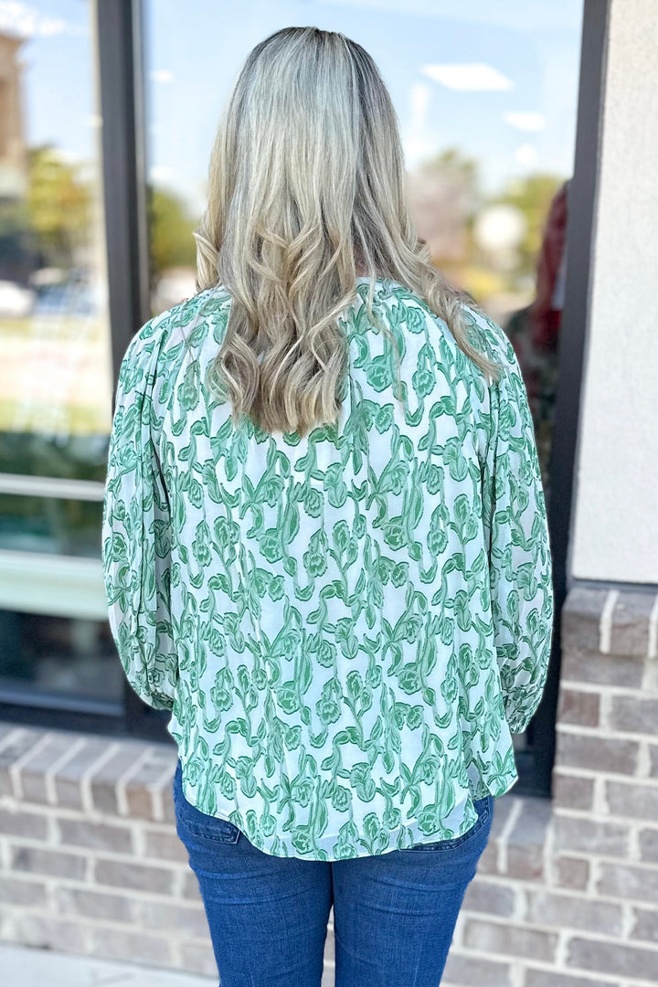 GREEN FLORAL TIE FRONT LONG SLEEVE TOP