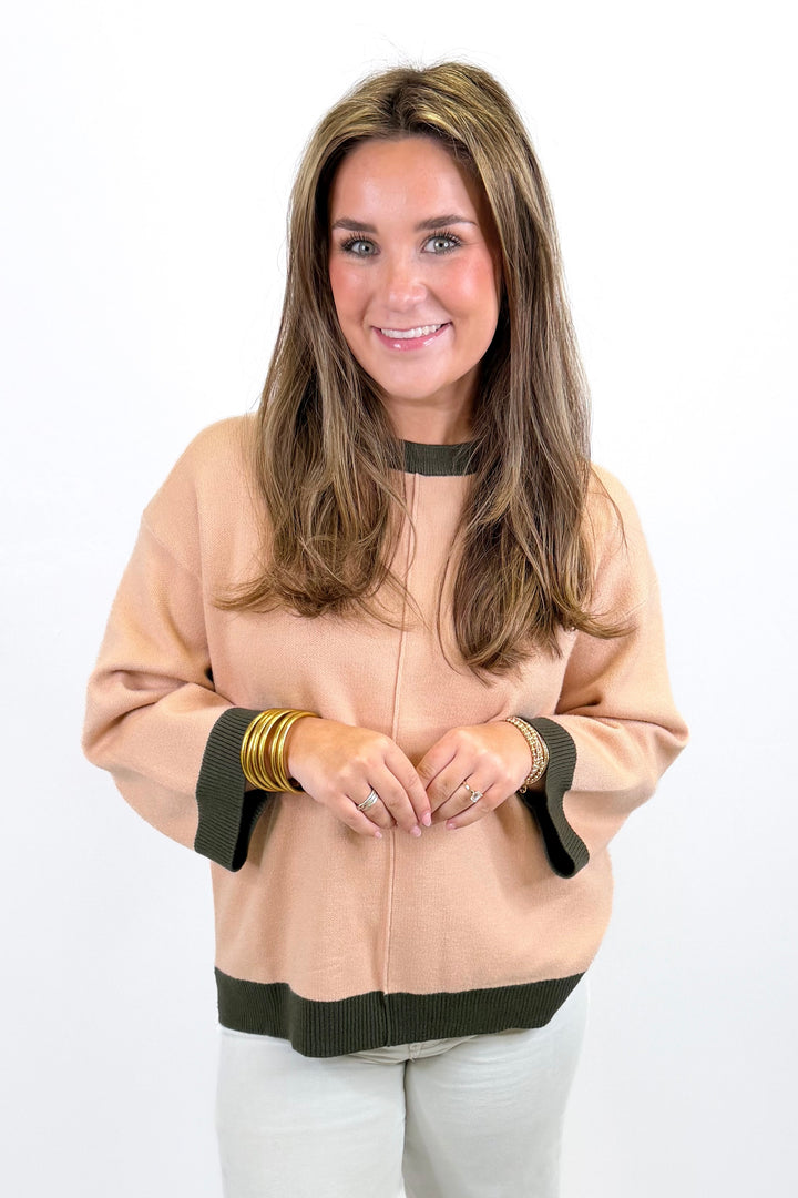 TAUPE &amp; OLIVE TRIM 3/4 SLEEVE SWEATER