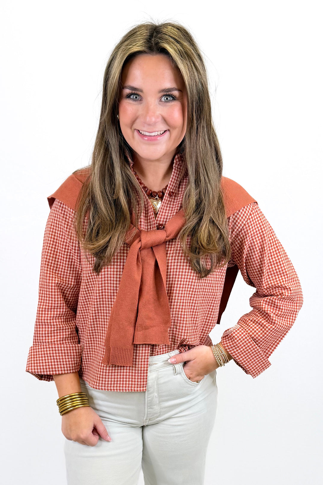 RUST GINGHAM CROPPED BLOUSE WITH FAUX SWEATER CAPE