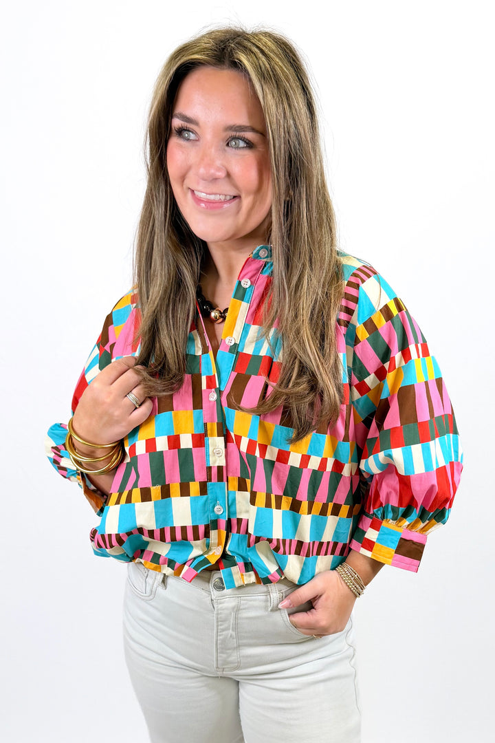 KARLIE: MULTI COLOR 3/4 SLEEVE BUBBLE COLLAR TOP
