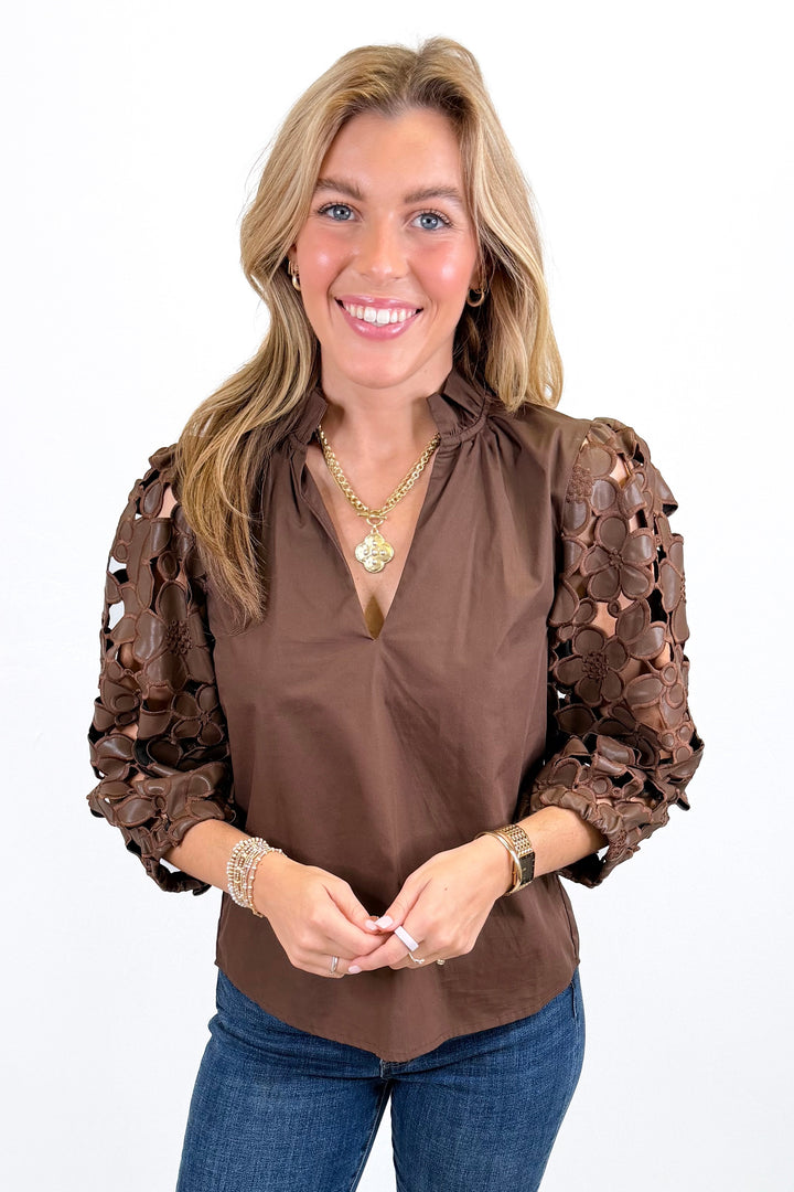 BROWN FLORAL LACE SLEEVE TOP