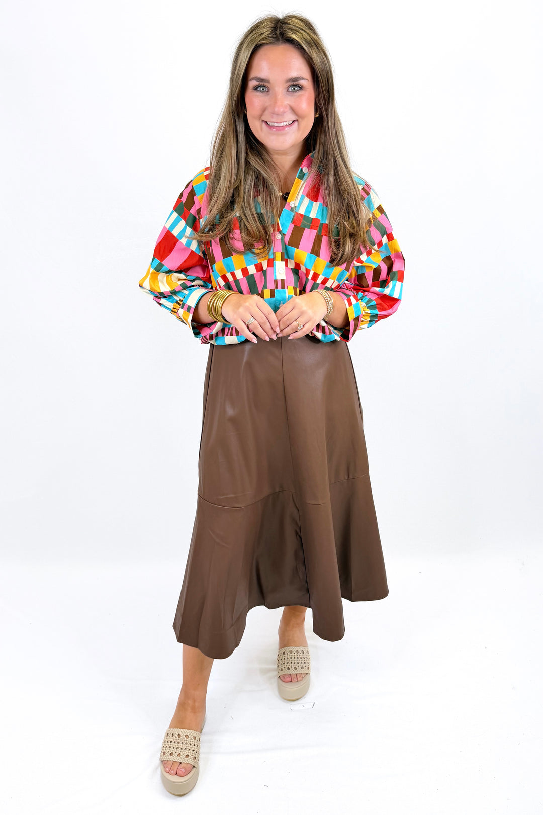 CHOCOLATE FAUX LEATHER MIDI SKIRT
