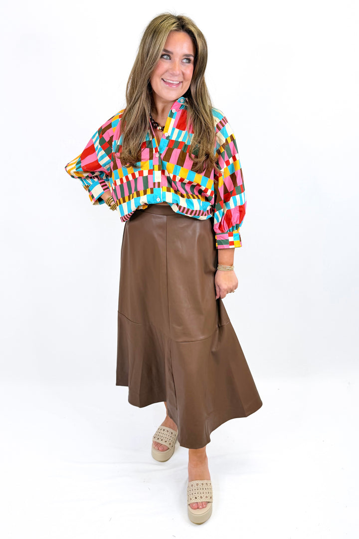 CHOCOLATE FAUX LEATHER MIDI SKIRT