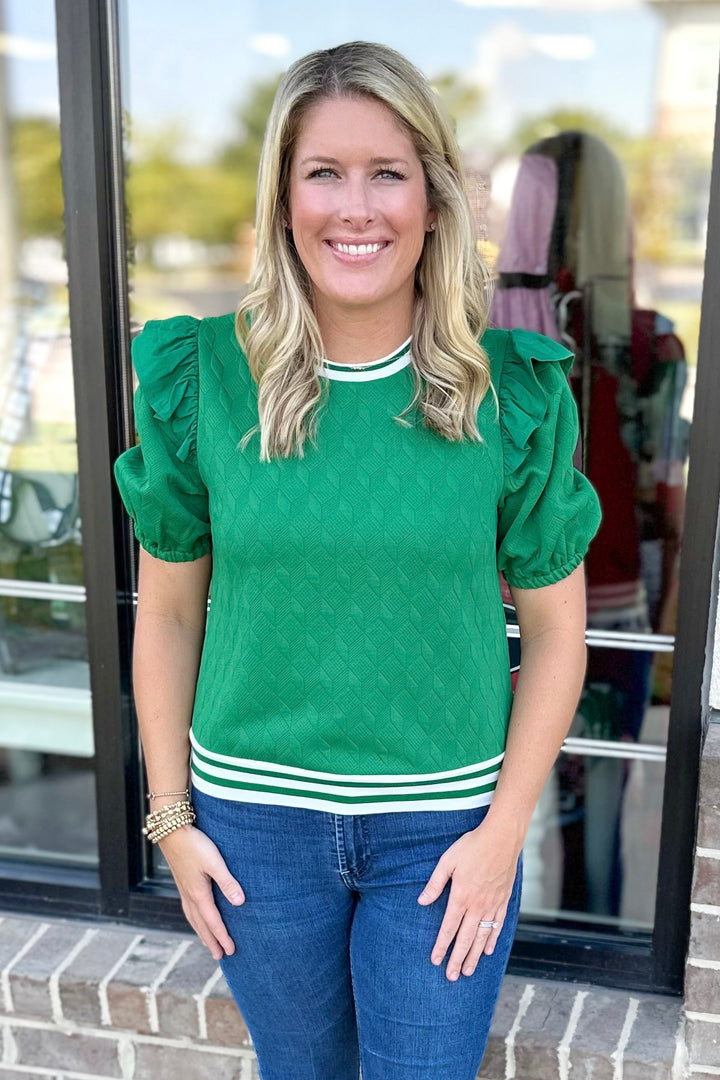 GREEN TEXTURED STRIPE DETAIL TOP