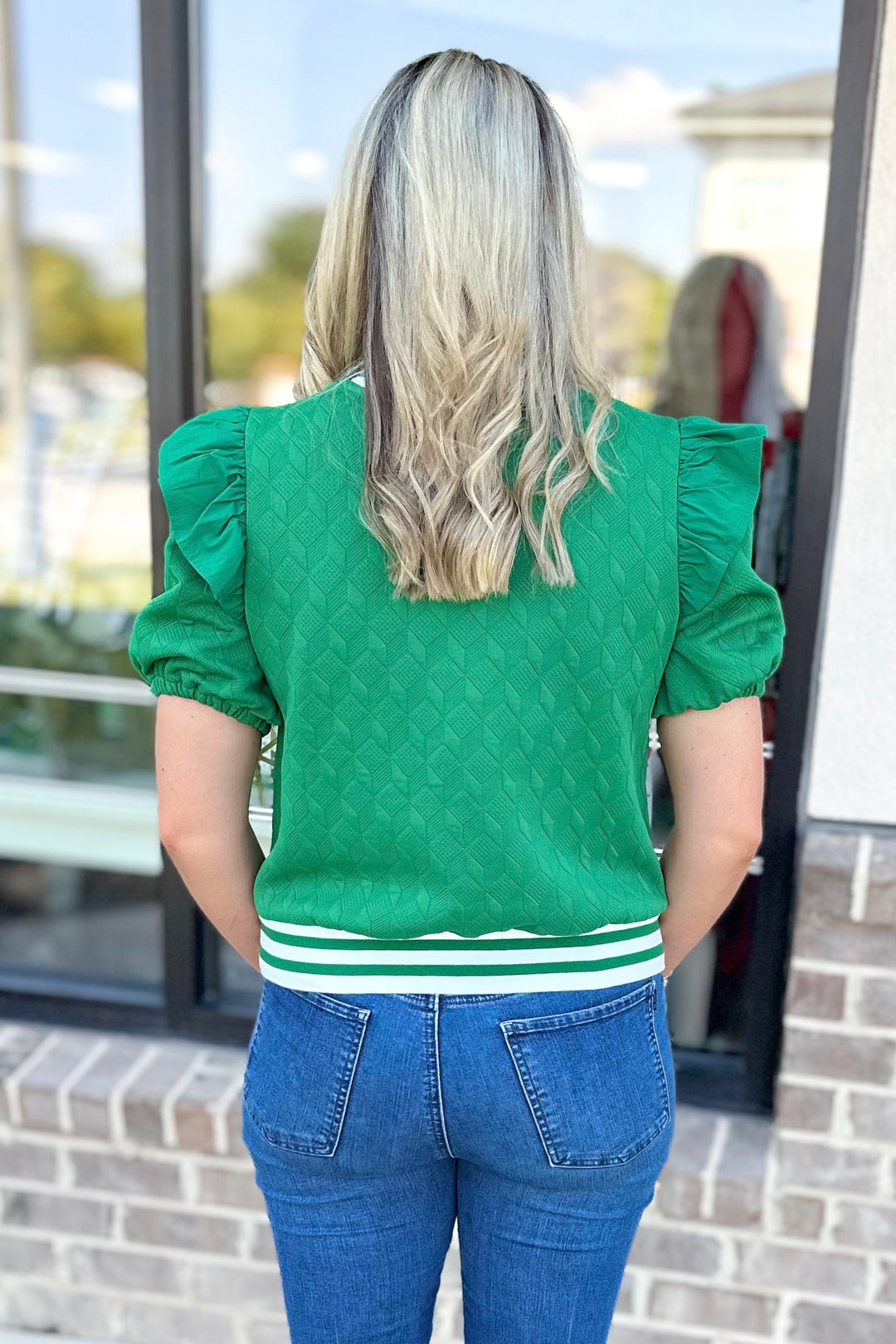 GREEN TEXTURED STRIPE DETAIL TOP