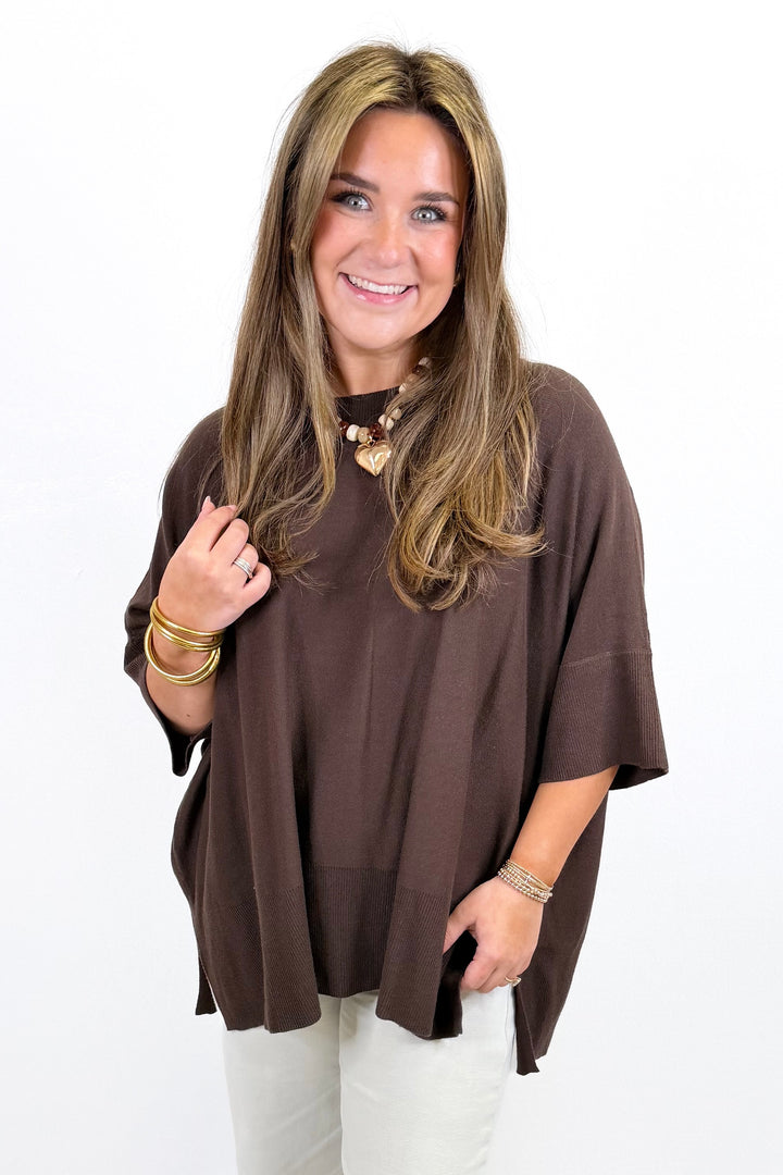 BROWN HALF SLEEVE OVERSIZED SWEATER