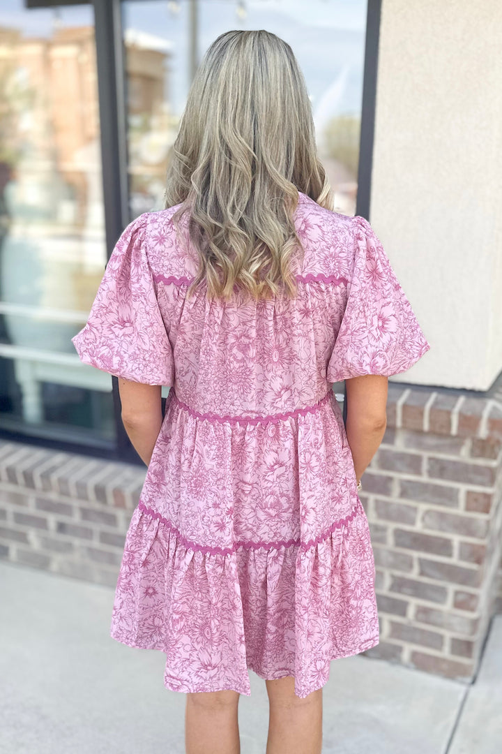 PINK FLORAL RIC RAC TIERED DRESS