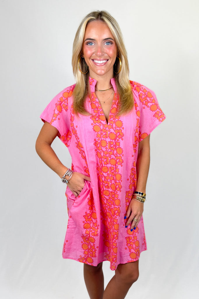 women's pink and orange dress & Floral Angled Sleeve | THML Color:Brown/Mint keyhole evening gown Bright colors and timeless Taupe Striped Off Shoulder