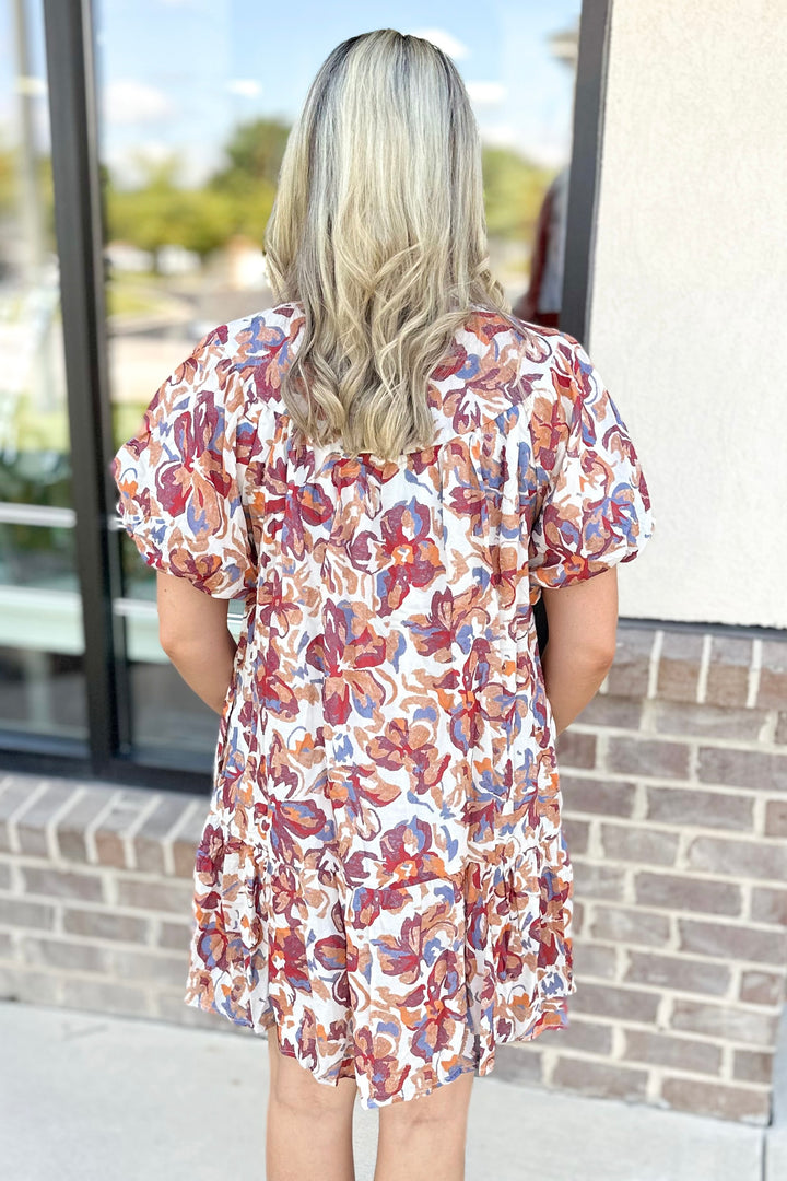 RUST & BURGUNDY FLORAL BUTTON FRONT DRESS