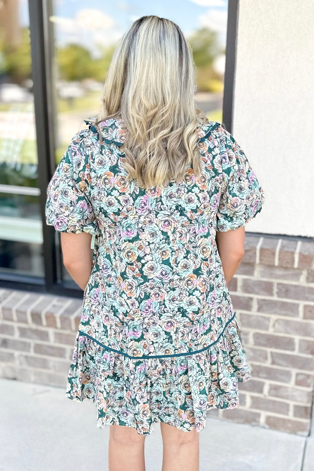 DARK GREEN FLORAL SCALLOP TRIM DRESS