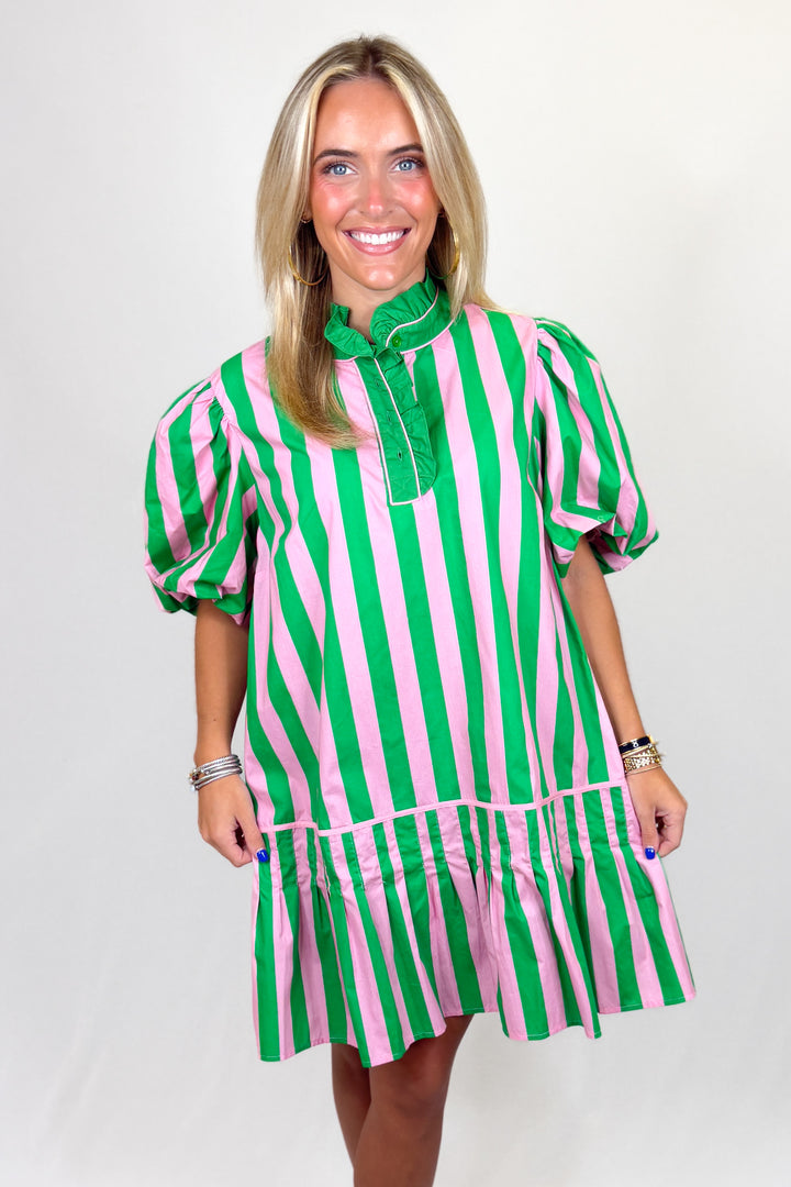 PINK & GREEN STRIPE DROP RUFFLE DRESS